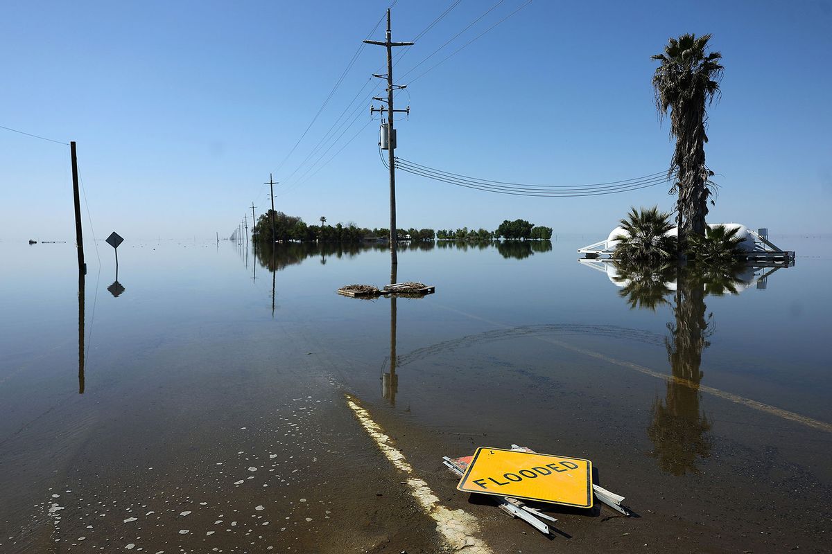Floodwaters cover a street in the reemerging Tulare Lake, in California’s Central Valley, on April 14, 2023 in Corcoran, California. (Mario Tama/Getty Images)
