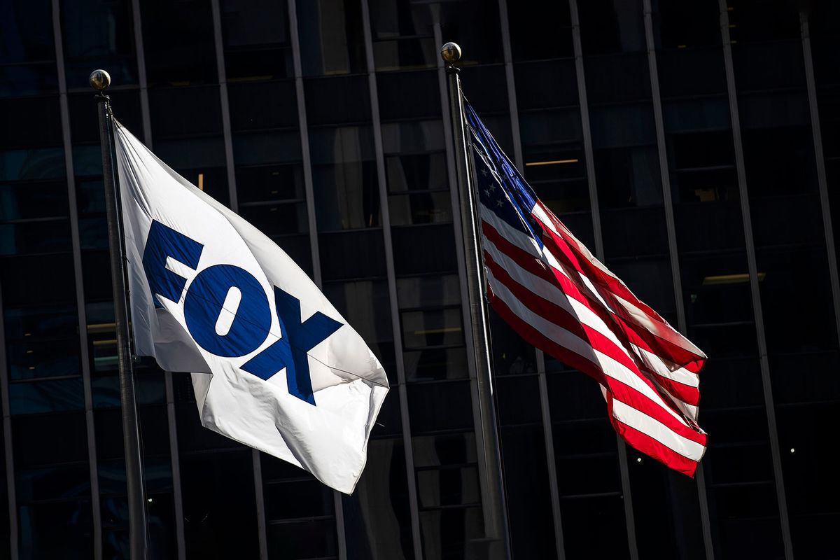 The flag of Fox Corporation waves next to the U.S. flag at Fox Plaza in the Manhattans neighborhood on February 8, 2023. (Eduardo MunozAlvarez/VIEWpress/Getty Images)
