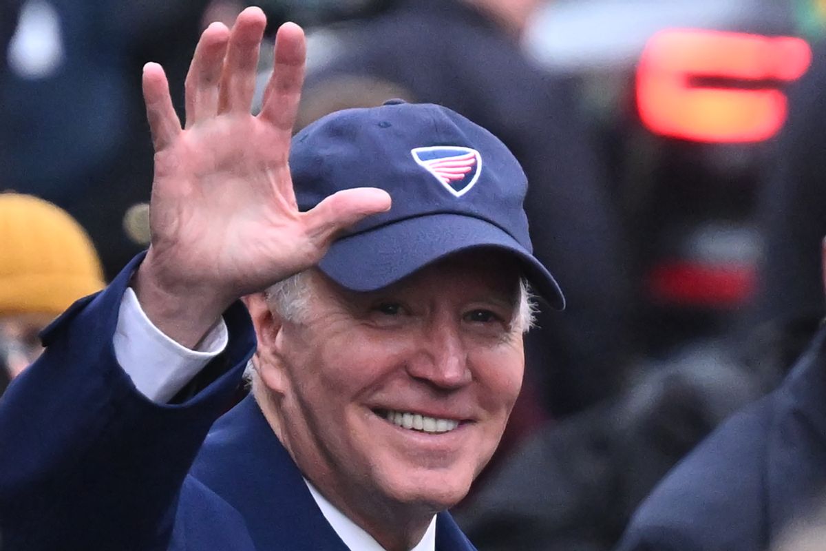 President Joe Biden waves to members of the public who have gathered for his arrival on April 12, 2023 in Dundalk, Ireland. ( Leon Neal/Getty Images)