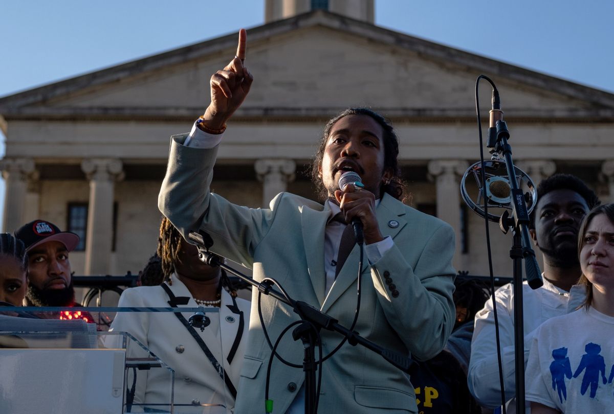 State Rep. Justin Jones of Nashville speaks outside the Capitol on April 10, 2023 in Nashville, Tennessee. The Democrat was reinstated days after being expelled for leading a protest on the House floor for gun reform in the wake of a mass shooting at a Christian school in which three 9-year-old students and three adults were killed by a 28-year-old former student on March 27.  (Seth Herald/Getty Images)