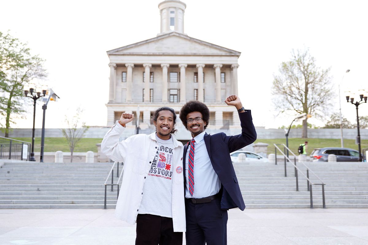 Tennessee State Representatives Justin Jones and Justin J. Pearson are seen during a demonstration of linking arms in support of gun control laws sponsored by Voices for a Safer Tennessee at Legislative Plaza on April 18, 2023 in Nashville, Tennessee. (Jason Kempin/Getty Images)