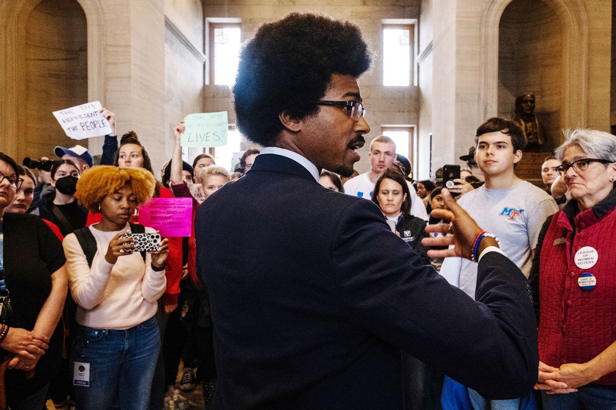 Democratic state Rep. Justin Pearson (R) of Memphis speaks with supporters after being expelled from the state Legislature on April 6, 2023 in Nashville, Tennessee. (Seth Herald/Getty Images)