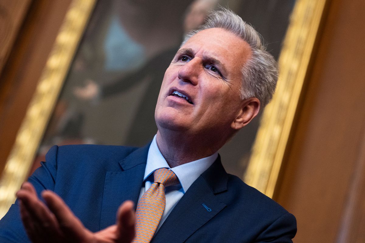 Speaker of the House Kevin McCarthy, R-Calif., is seen in the U.S. Capitol before a news conference on the House passed the "Protection of Women and Girls in Sports Act," on Thursday, April 20, 2023. (Tom Williams/CQ-Roll Call, Inc via Getty Images)