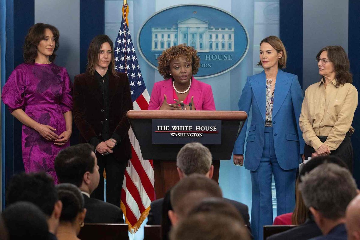 White House Press Secretary Karine Jean-Pierre (C), with "The L Word" Producer Ilene Chaiken (R) and actresses Leisha Hailey (2nd R), Kate Moennig (2nd L) and Jennifer Beals (L), speak during the daily press briefing at the White House in Washington, DC, on April 25, 2023. (JIM WATSON/AFP via Getty Images)