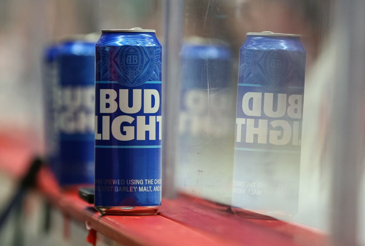 A general view of Bud Light beer cans sitting on the ledge of the glass is seen during an NHL hockey game between the Toronto Maple Leafs and the Detroit Red Wings on Nov. 28, 2022. (Scott W. Grau/Icon Sportswire via Getty Images)