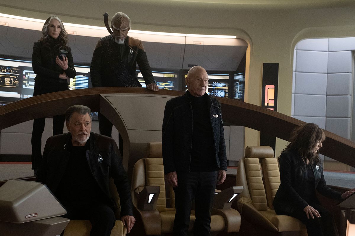 Michael Dorn as Worf, Gates McFadden as Dr. Beverly Crusher, Jonathan Frakes as Will Riker, Patrick Stewart as Picard and Marina Sirtis as Deanna Troi in "Star Trek: Picard" (Trae Patton/Paramount+)