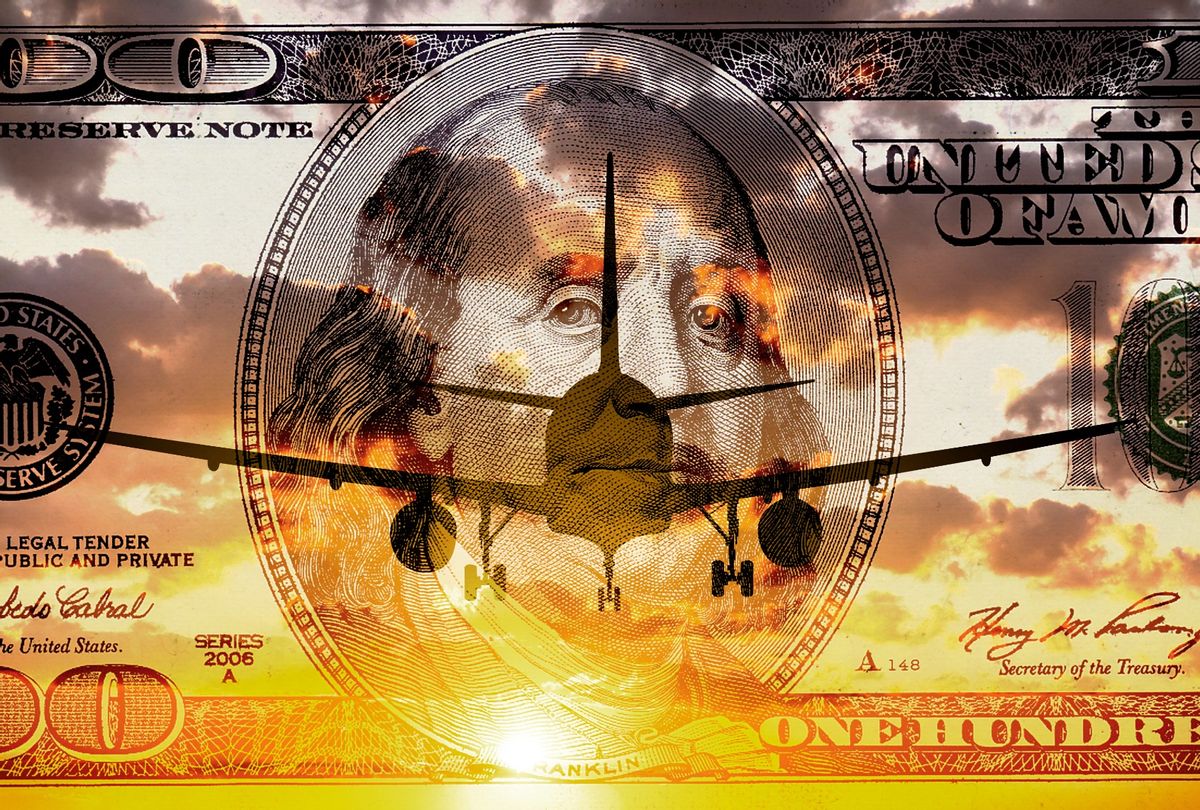 Airplane on the background of a $100 bill (Anton Petrus/Getty Images)