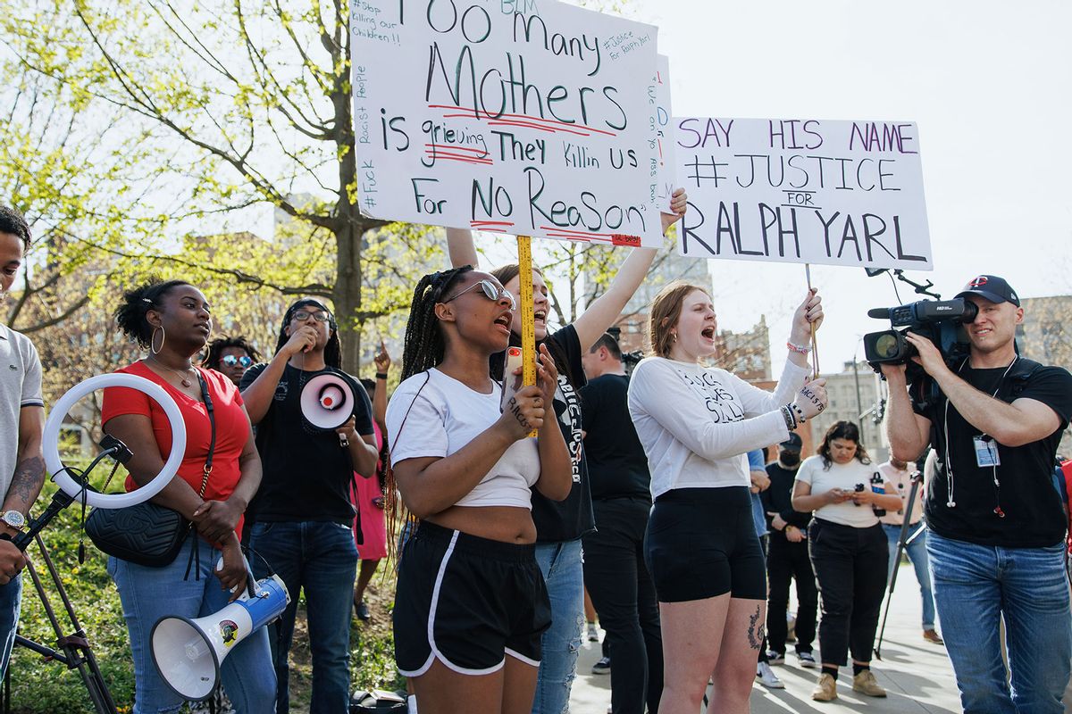 Protesters attend a rally for Black teen Ralph Yarl in front of U.S. District Court on April 18, 2023 in Kansas City, Missouri. The 16-year-old Yarl was shot last week by an 84-year-old white homeowner after going to the wrong house to pick up his brother, according to published reports. (Photo by Chase Castor/Getty Images)