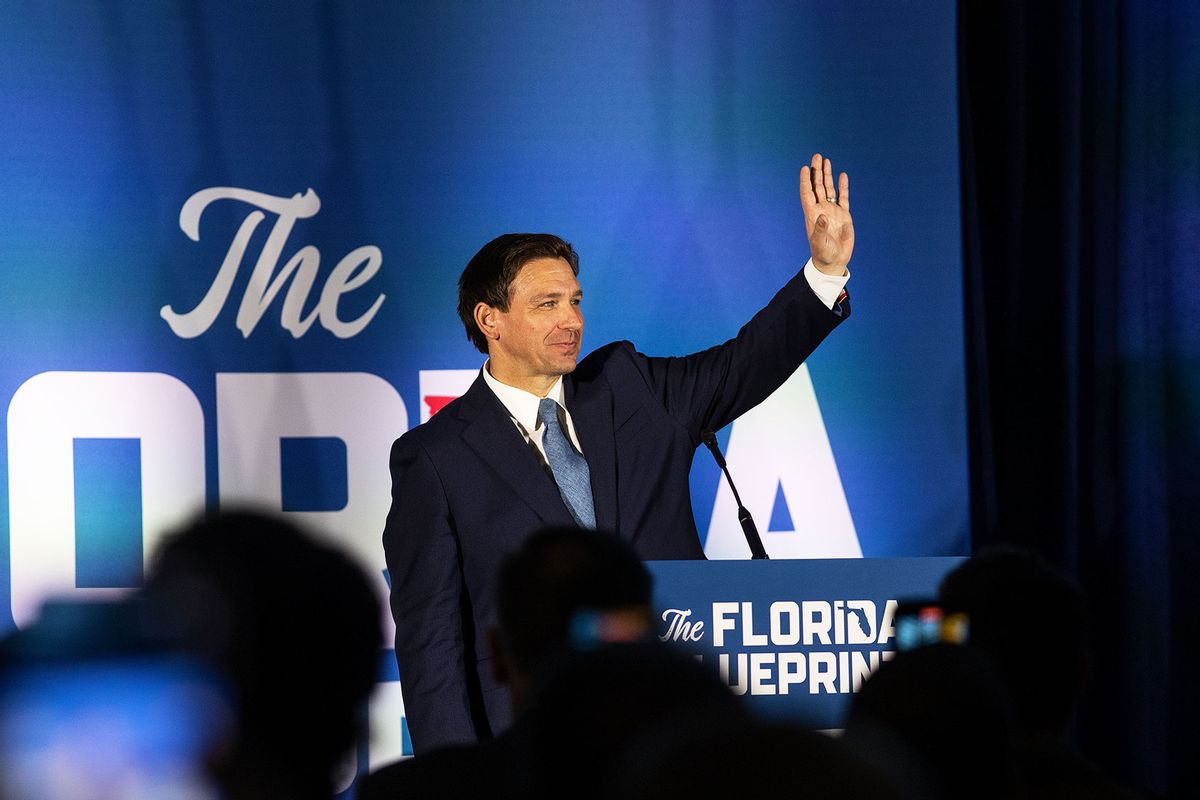 Florida Governor Ron DeSantis gives a political speech at the Cradle of Aviation Museum, April 1, 2023 in Garden City, New York. (Andrew Lichtenstein/Corbis via Getty Images)