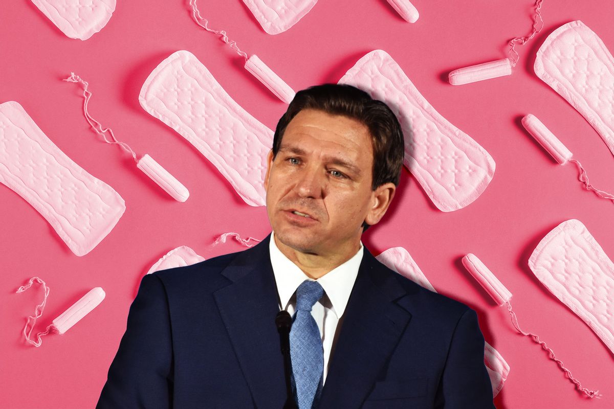 Ron DeSantis, surrounded by tampons and pads (Photo illustration by Salon/Getty Images)