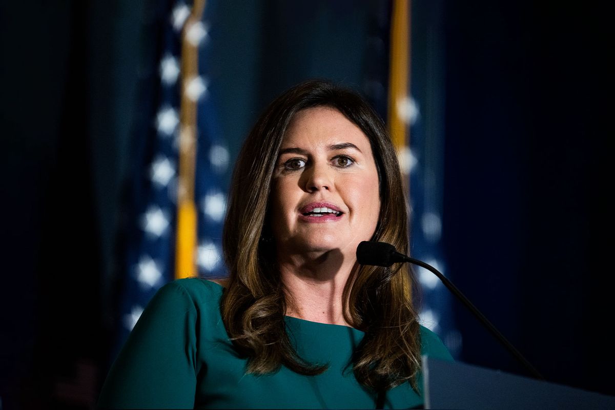 Sarah Huckabee Sanders, former Trump White House press secretary, addresses the America First Policy Institute's America First Agenda Summit at the Marriott Marquis on Tuesday, July 26, 2022. (Tom Williams/CQ-Roll Call, Inc via Getty Images)