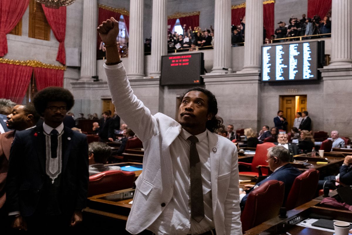 Democratic state Rep. Justin Jones of Nashville gestures during a vote on his expulsion from the state legislature at the State Capitol Building on April 6, 2023 in Nashville, Tennessee.  (Photo by Seth Herald/Getty Images)