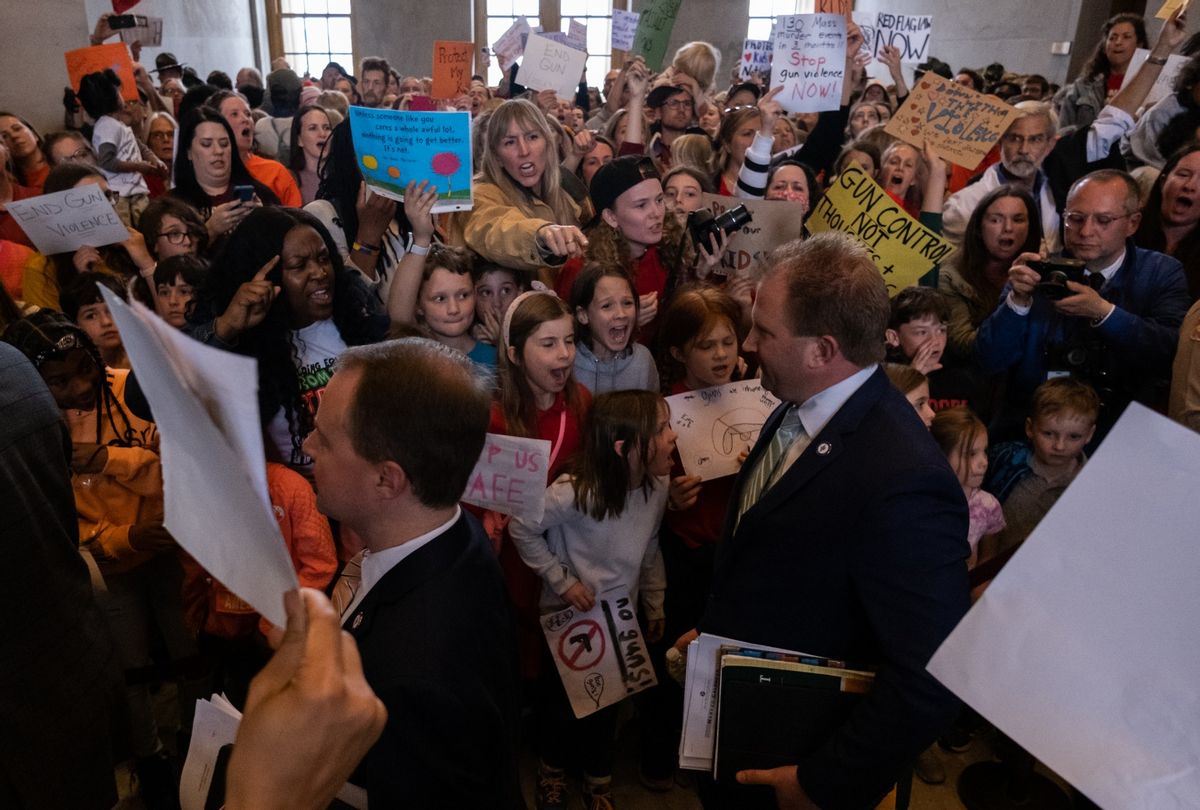 Republican state Rep. William Lamberth enters the house chamber ahead of session as protesters chant demanding action for gun reform laws in the state at the Tennessee State Capitol on April 3, 2023 in Nashville. (Seth Herald/Getty Images)