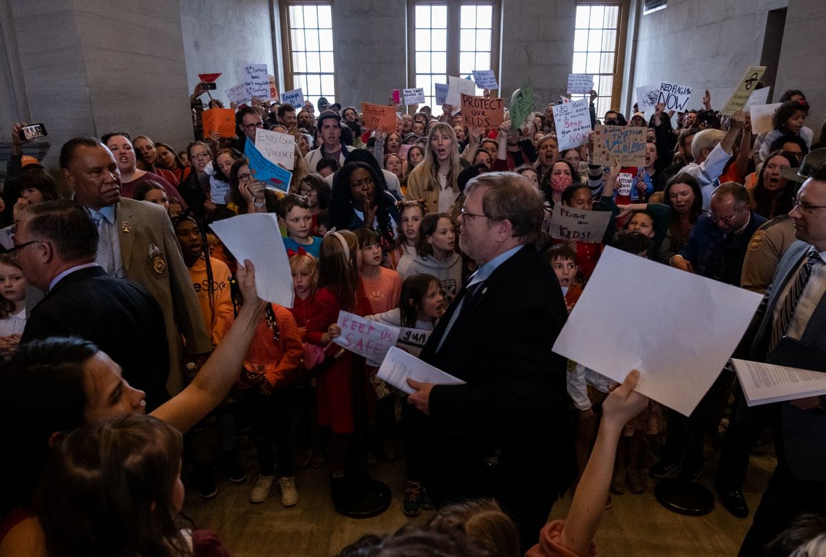 Tennessee state representives enter the house chamber ahead of session as protesters chant demanding action for gun reform laws in the state at the Tennessee State Capitol on April 3, 2023 in Nashville, Tennessee.  (Seth Herald/Getty Images)