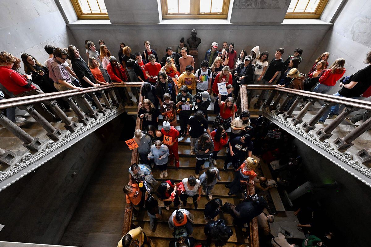 Protesting students make their way through the state Capitol building in Nashville, Tennessee, on April 3, 2023. (JOHN AMIS/AFP via Getty Images)