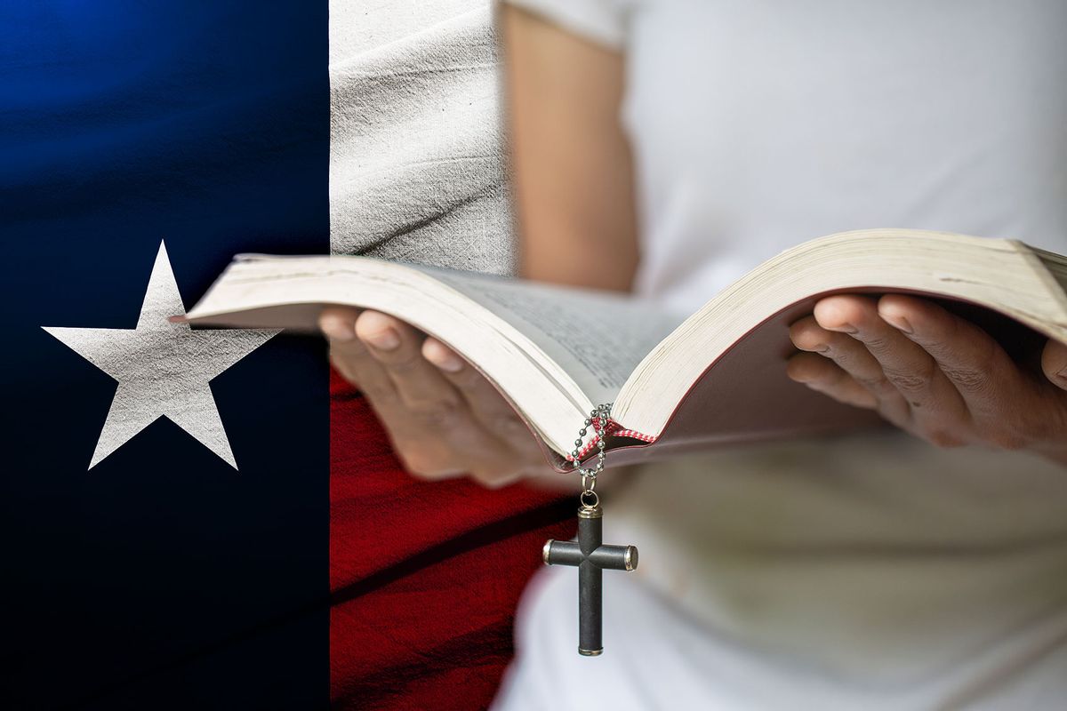 Person holding a Bible in front of the flag of Texas (Photo illustration by Salon/Getty Images)