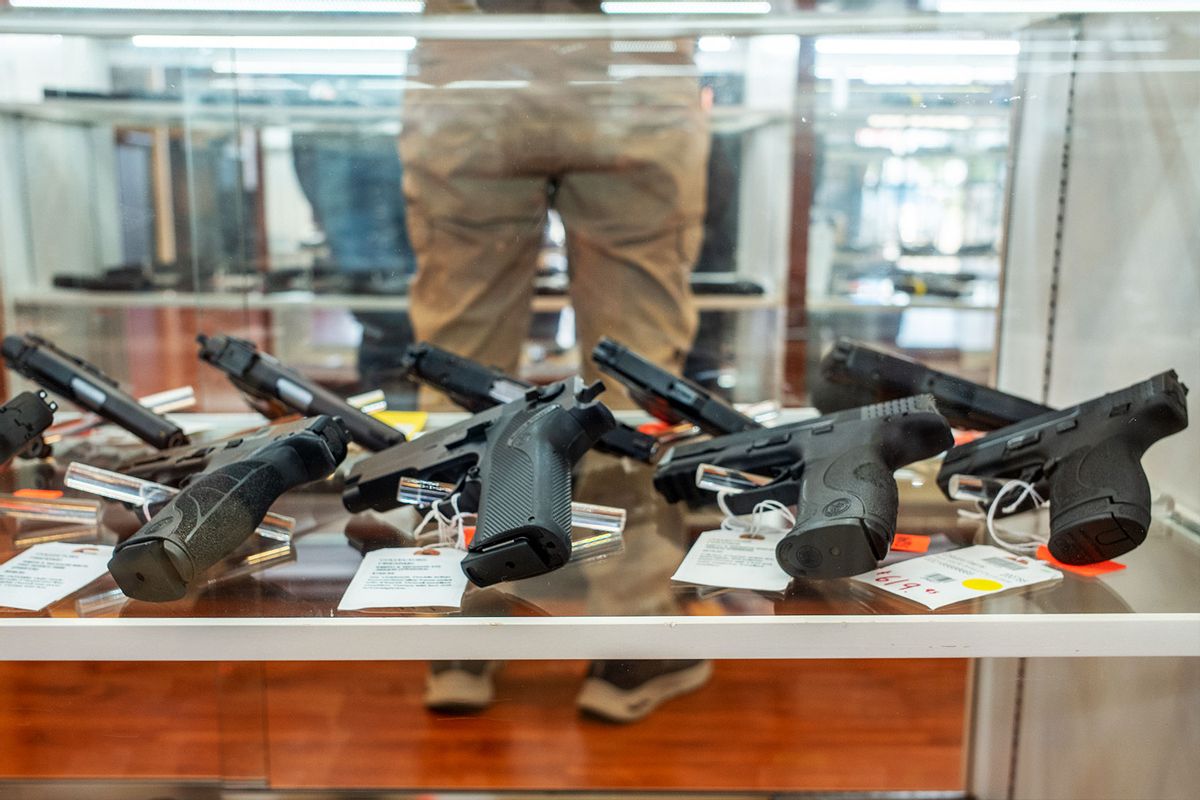 Smith & Wesson handguns are seen for sale in a gun store on September 09, 2022 in Houston, Texas. (Brandon Bell/Getty Images)