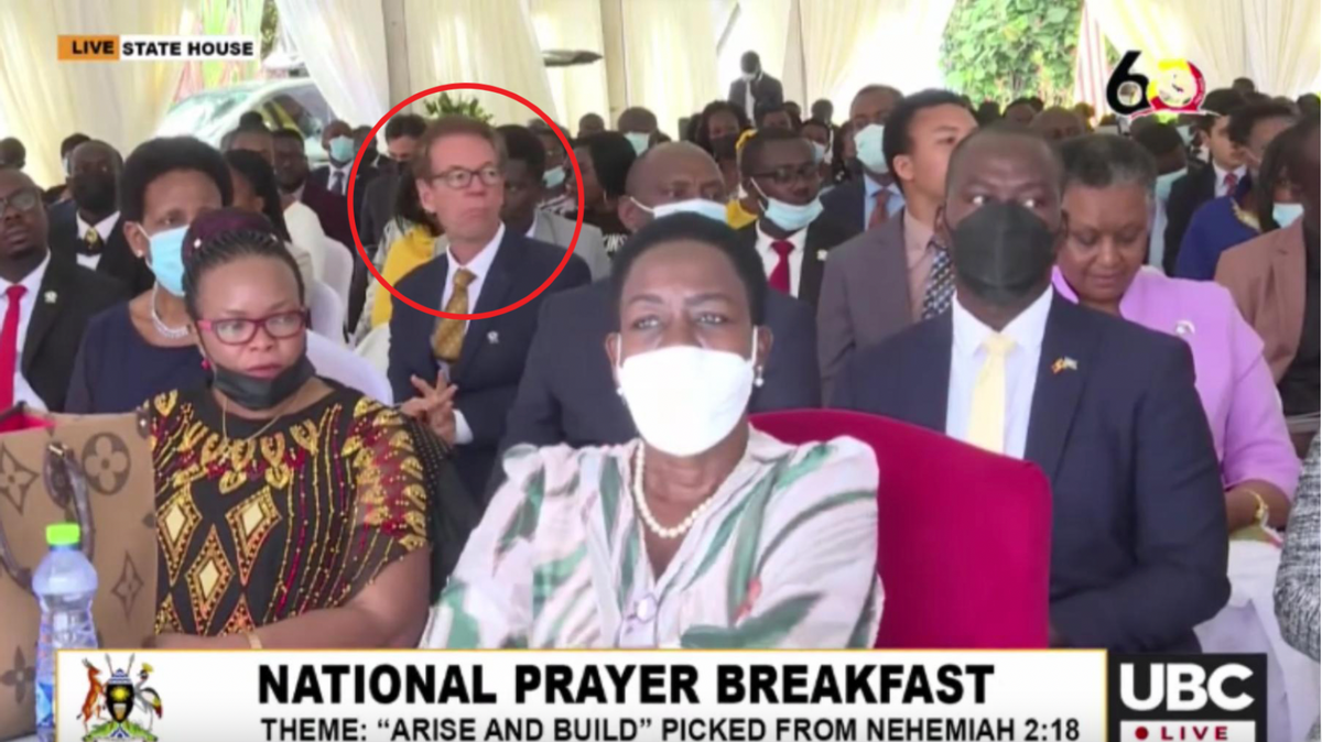 The Family's Uganda point man, Tim Kreutter (highlighted), a co-founder of Uganda's National Prayer Breakfast, listens during the Oct. 8, 2022, event, during which Uganda's president rallied listeners to resist western pressure for LGBTQ+ tolerance. (Screengrab/UBC Television Uganda)