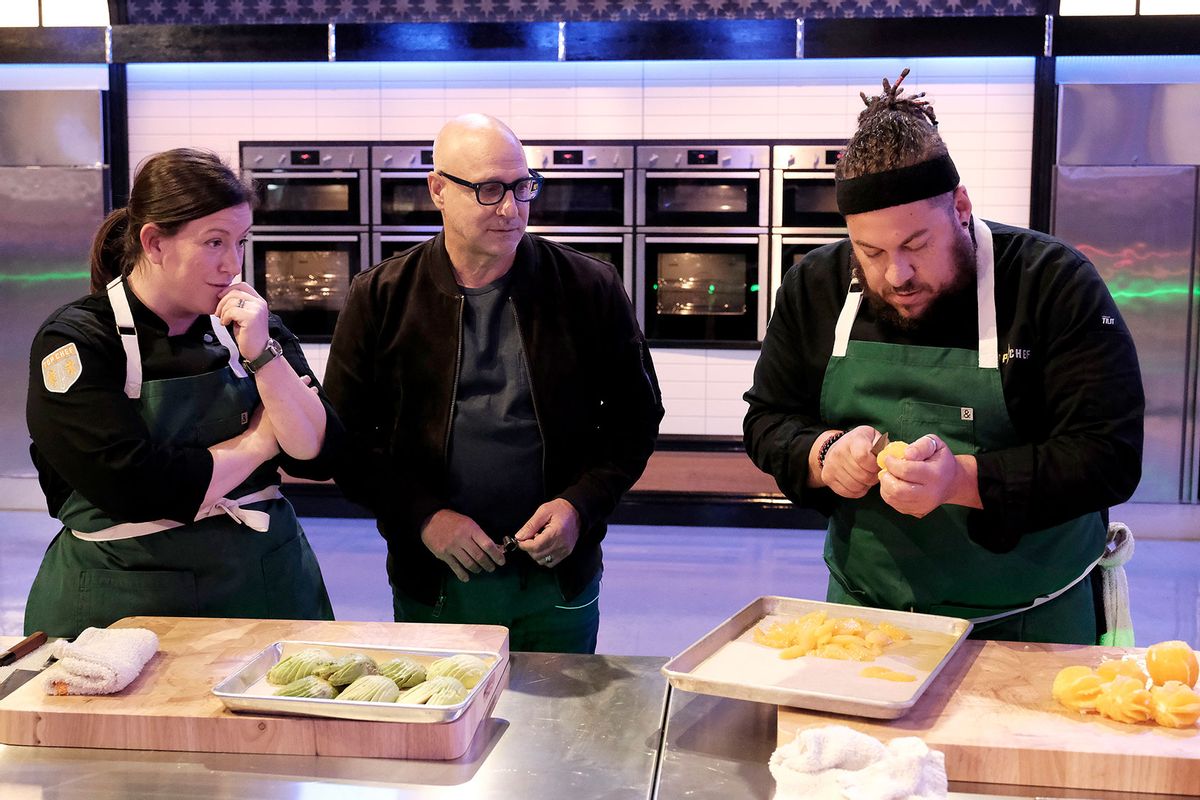 Sara Bradley, Tom Colicchio, and Amar Santana on "Top Chef" (David Moir/Bravo)