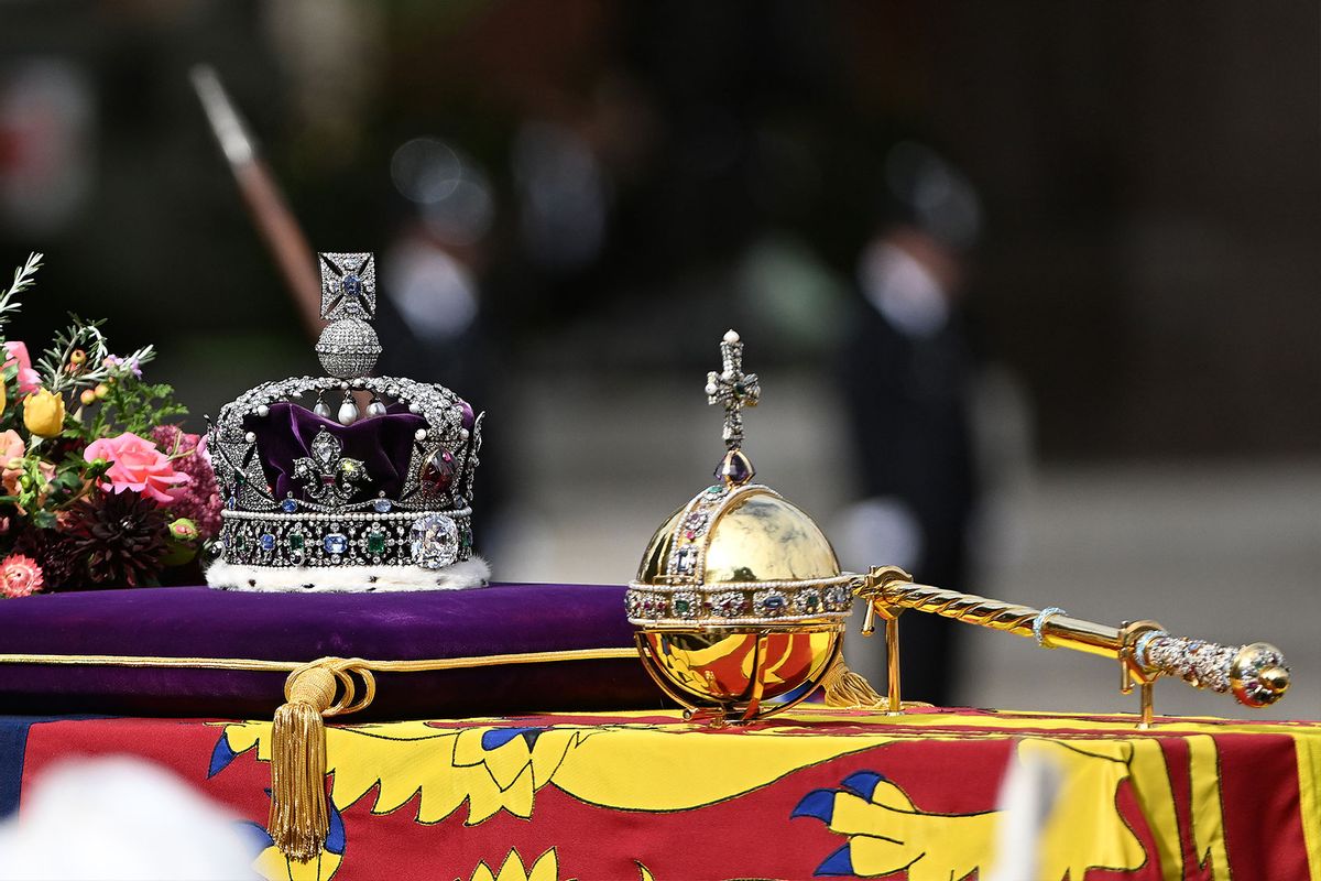 The coffin of Queen Elizabeth II with the Imperial State Crown resting on top is seen during the State Funeral of Queen Elizabeth II on September 19, 2022 in London, England. (Jeff Spicer/Getty Images)