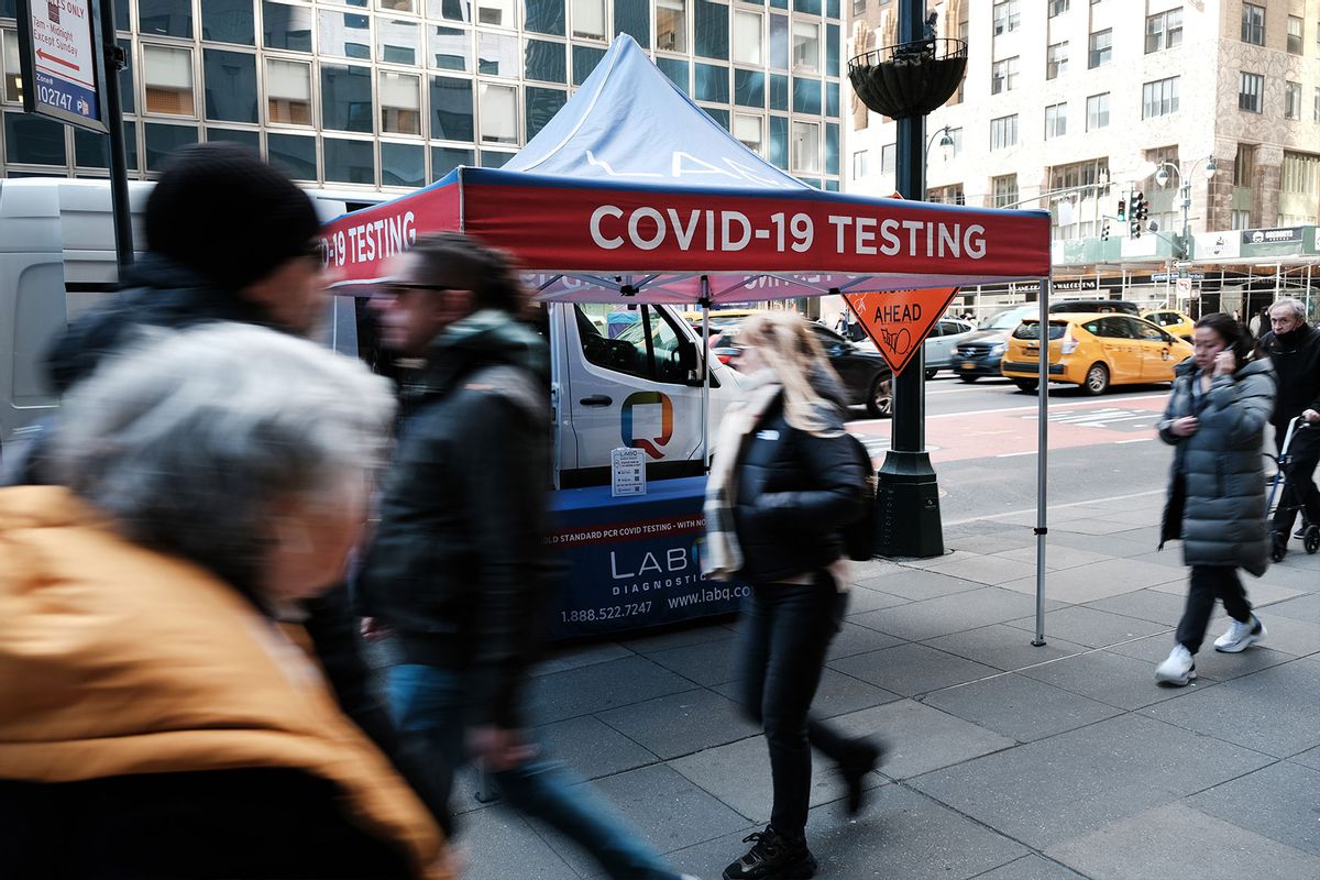 A Covid-19 testing tent sits along a Manhattan street on March 09, 2023 in New York City. (Spencer Platt/Getty Images)