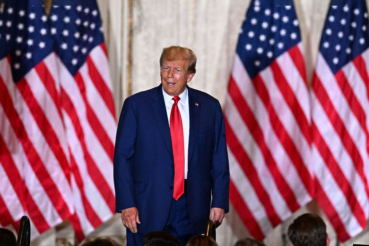 Former US president Donald Trump speaks during a press conference following his court appearance over an alleged 'hush-money' payment, at his Mar-a-Lago estate in Palm Beach, Florida, on April 4, 2023. (CHANDAN KHANNA/AFP via Getty Images)