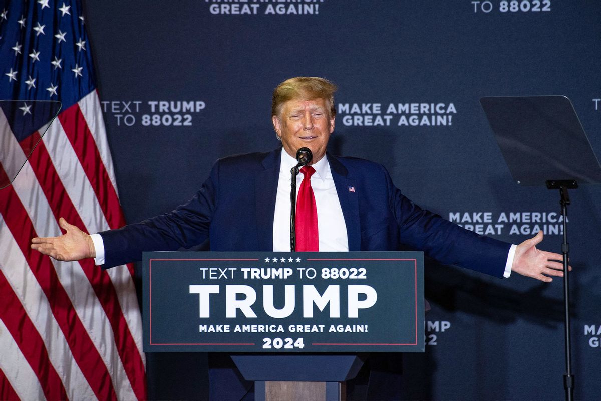 Former US President Donald Trump speaks during a campaign event in Manchester, New Hampshire, on April 27, 2023. (JOSEPH PREZIOSO/AFP via Getty Images)