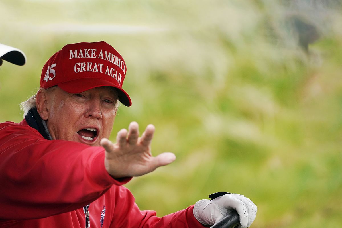 Former US president Donald Trump on the 4th hole at Trump International Golf Links & Hotel in Doonbeg, Co. Clare, during his visit to Ireland. Picture date: Thursday May 4, 2023. (Brian Lawless/PA Images via Getty Images)