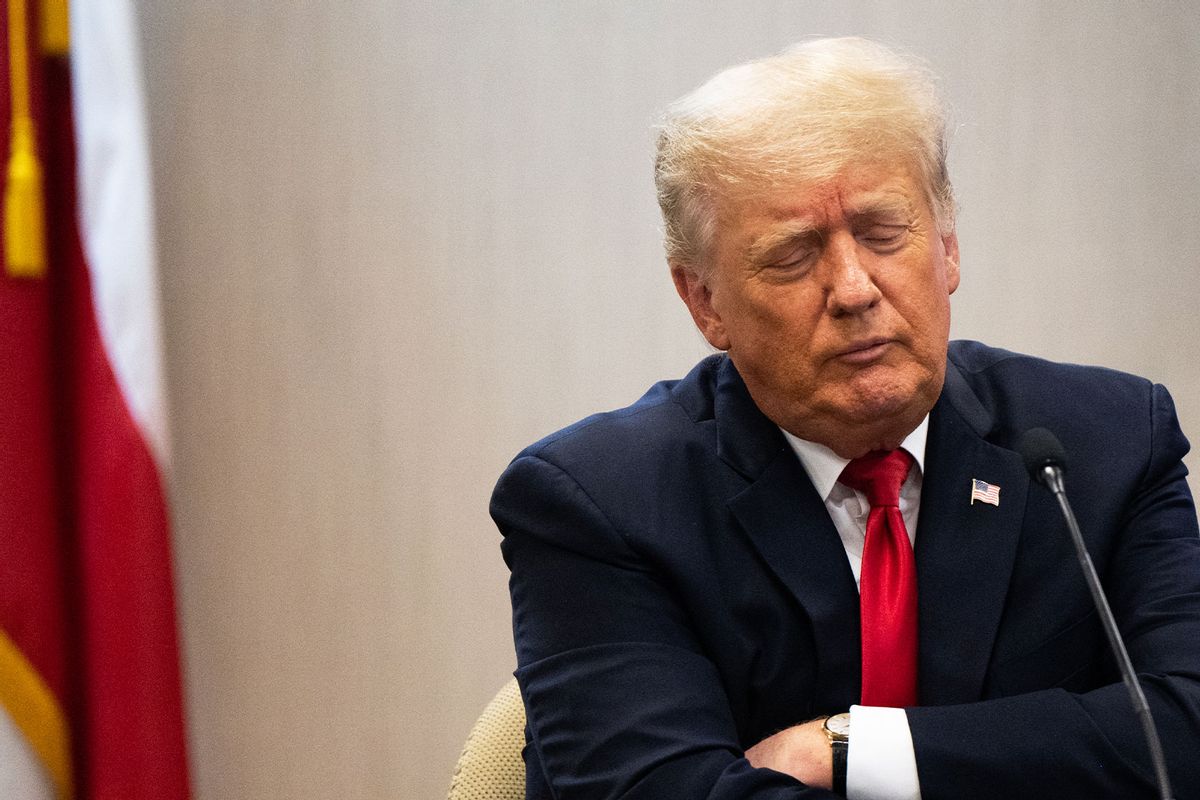 Former President Donald Trump listens during a border security briefing on June 30, 2021 in Weslaco, Texas. (Brandon Bell/Getty Images)