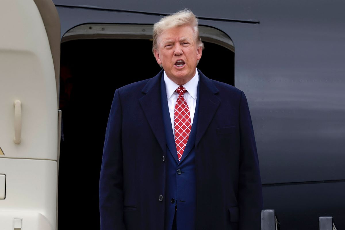Former U.S. President Donald Trump disembarks his plane "Trump Force One" at Aberdeen Airport on May 1, 2023 in Aberdeen, Scotland. (Jeff J Mitchell/Getty Images)
