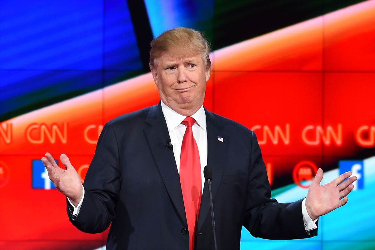 Donald Trump gestures during the Republican Presidential Debate, hosted by CNN, at The Venetian Las Vegas on December 15, 2015 in Las Vegas, Nevada. (ROBYN BECK/AFP via Getty Images)