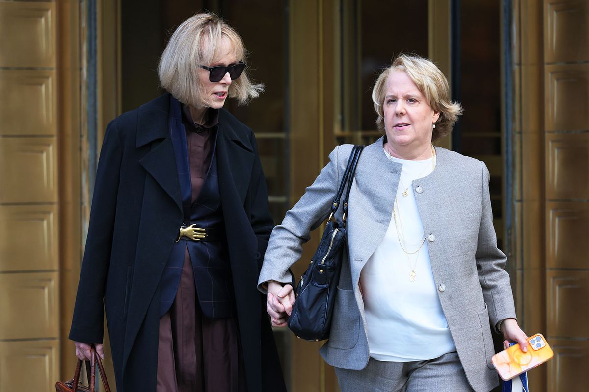 Magazine Columnist E. Jean Carroll (L) and her attorney Roberta Kaplan (R) leaving after the civil trial against former President Donald Trump at Manhattan Federal Court on May 04, 2023 in New York City. (Michael M. Santiago/Getty Images)