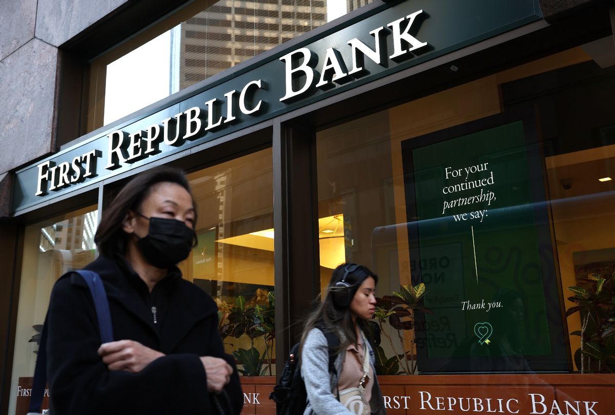 Pedestrians walk by a First Republic bank on April 26, 2023 in San Francisco, California.  (Justin Sullivan/Getty Images)
