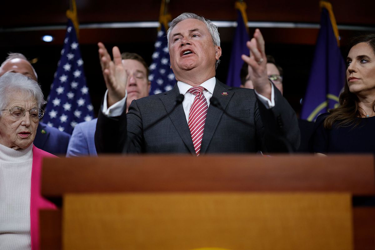 House Oversight and Accountability Committee Chairman James Comer (R-KY) and other Republican members of the committee hold a news conference to present preliminary findings into their investigation into President Joe Biden's family on May 10, 2023 in Washington, DC.  (Chip Somodevilla/Getty Images)