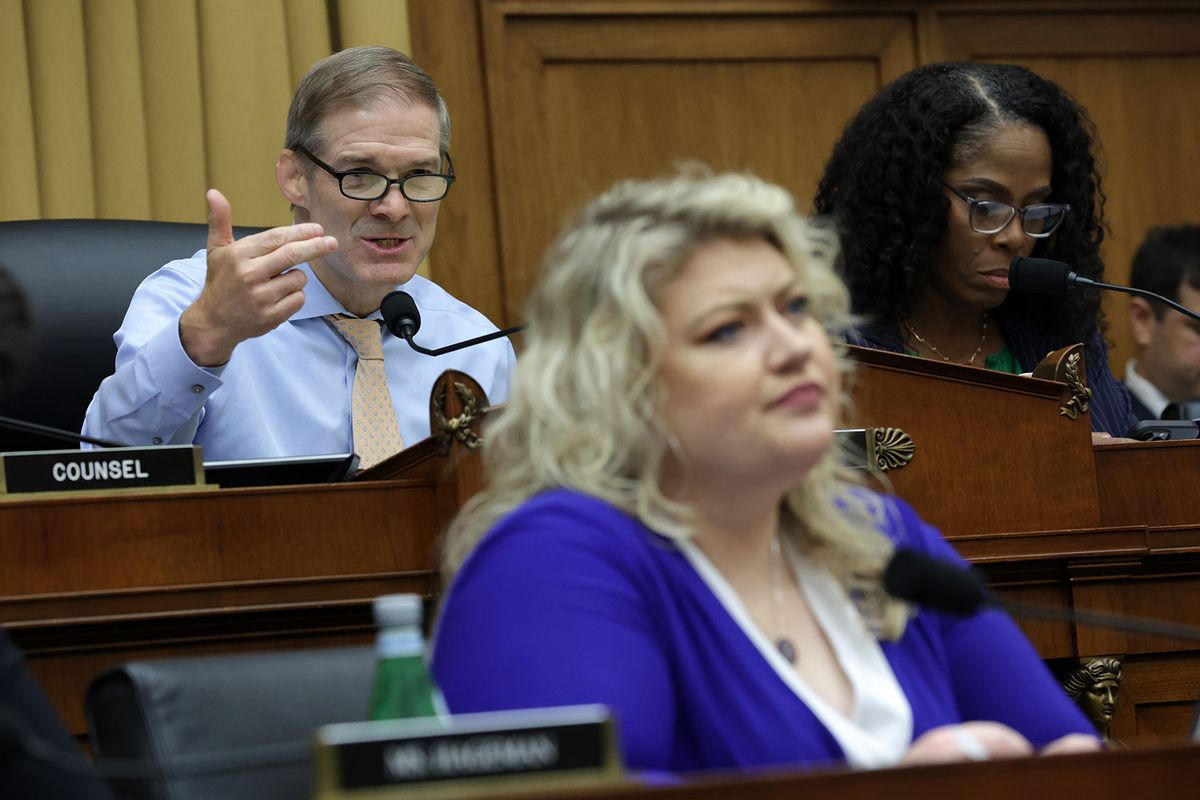 Chairman Rep. Jim Jordan (R-OH) (L) speaks during a hearing before the Select Subcommittee on the Weaponization of the Federal Government of the House Judiciary Committee at Rayburn House Office Building on May 18, 2023 on Capitol Hill in Washington, DC. (Alex Wong/Getty Images)