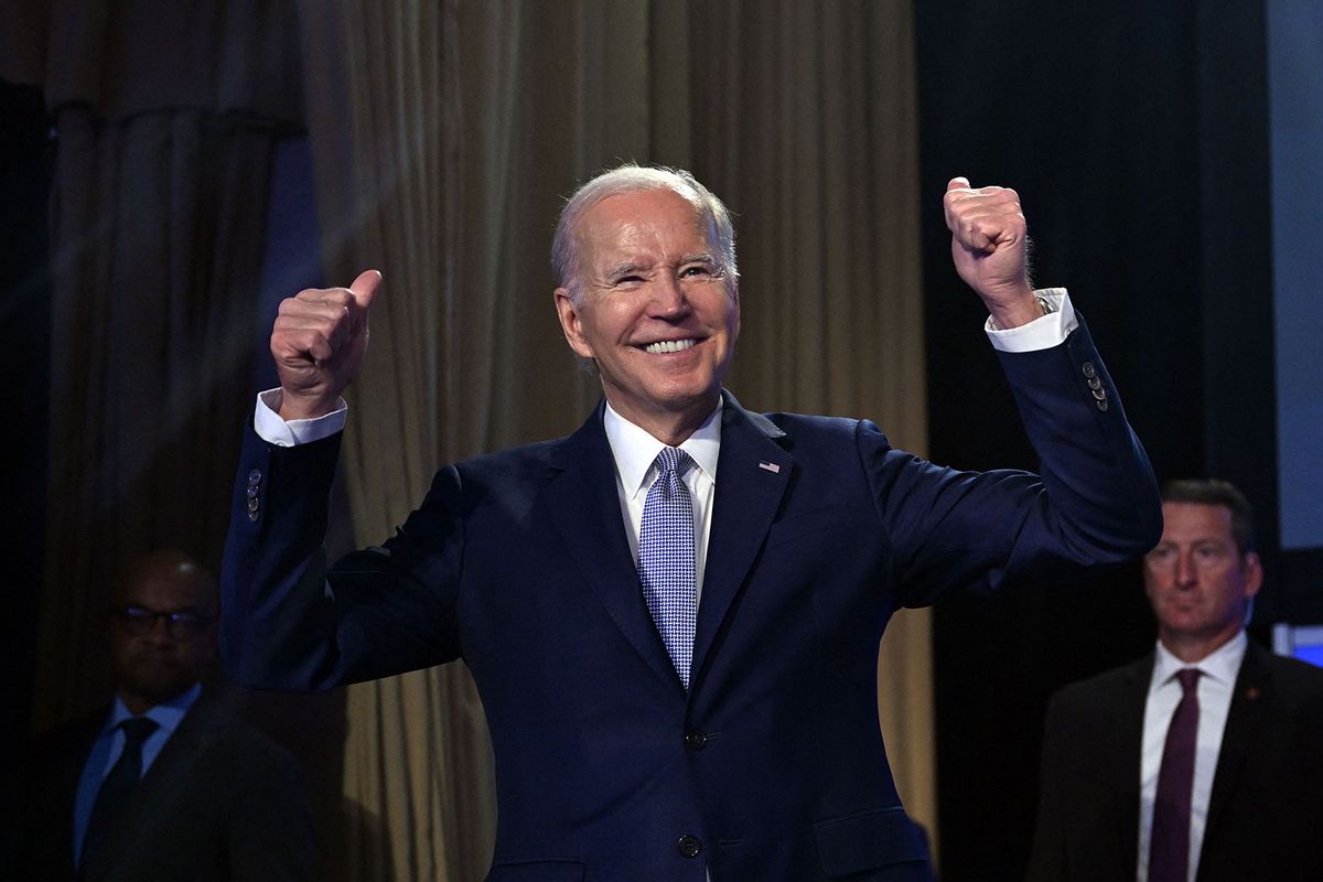US President Joe Biden acknowledges the crowd during an event on the creation of new manufacturing jobs at the Washington Hilton in Washington, DC, April 25, 2023. (JIM WATSON/AFP via Getty Images)
