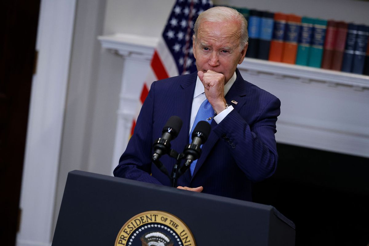 U.S. President Joe Biden clears his throat while delivering a brief update of the ongoing negotiations over the debt limit in the Roosevelt Room at the White House on May 17, 2023 in Washington, DC. (Chip Somodevilla/Getty Images)
