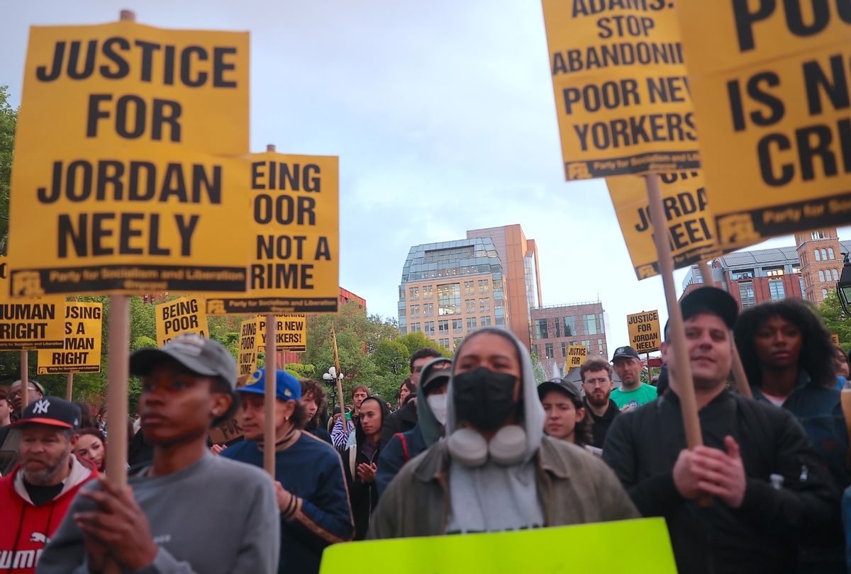 Hundreds of demonstrators hold banners in New York City gather in Washington Square Park on May 5, 2023.  (Selcuk Acar/Anadolu Agency via Getty Images)