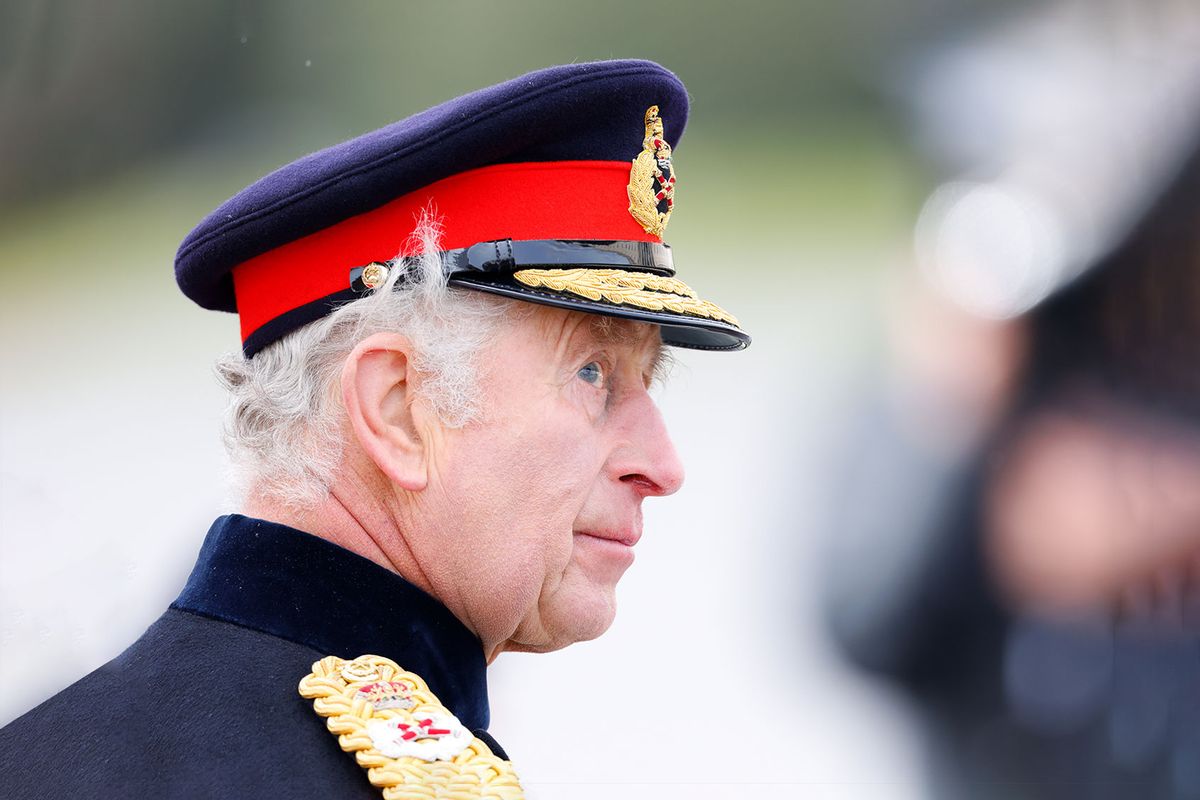 King Charles III inspects the 200th Sovereign's parade at the Royal Military Academy Sandhurst on April 14, 2023 in Camberley, England. (Max Mumby/Indigo/Getty Images)
