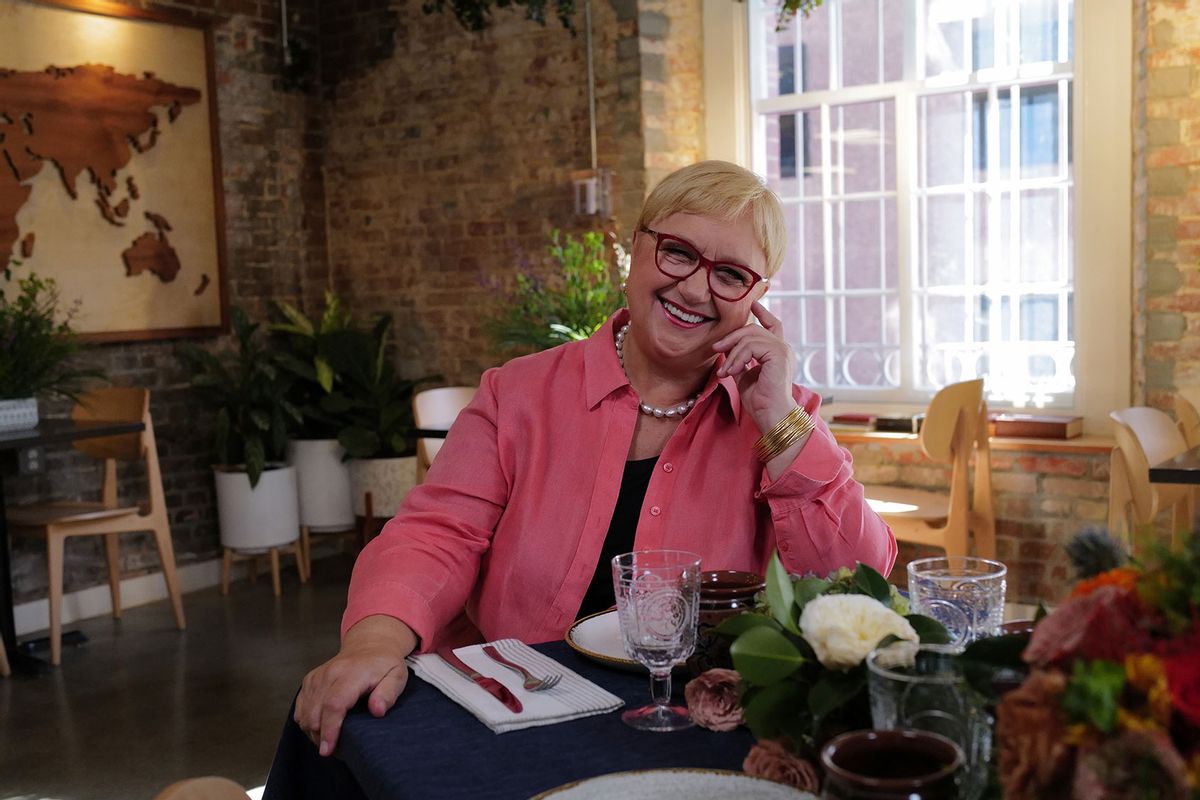 With the table set, Lidia is ready to welcome guests to Immigrant Food in “Lidia Celebrates America: Flavors That Define Us”  (Meredith Nierman/GBH & Tavola Productions)