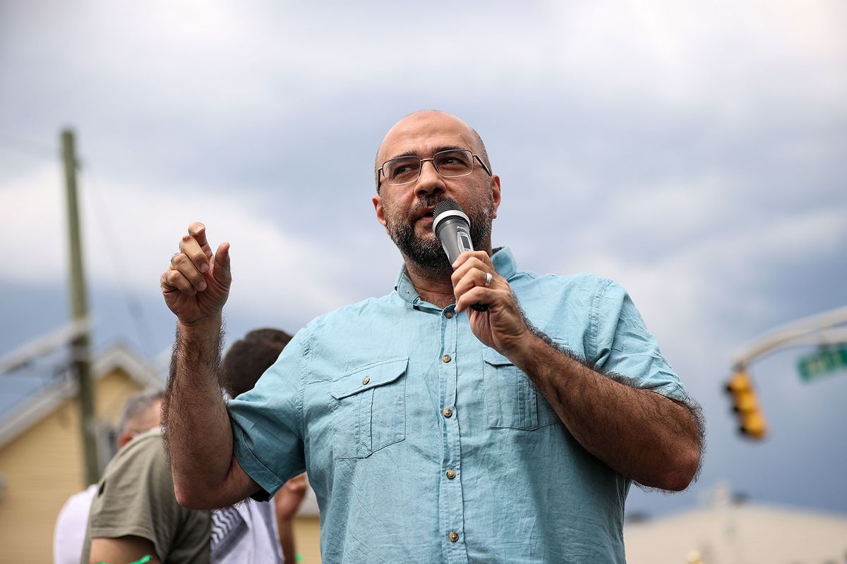 Prospect Park Mayor Mohamed Khairullah speaks at a rally at the Gould Park of Paterson  United States on May 16, 2021. (Tayfun Coskun/Anadolu Agency via Getty Images)