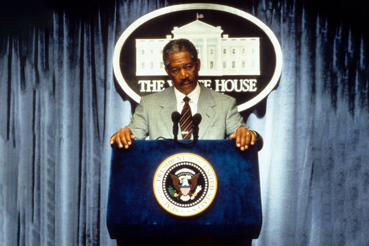 Morgan Freeman giving a speech at The White House in a scene from the film 'Deep Impact', 1998. (Paramount Pictures/Getty Images)