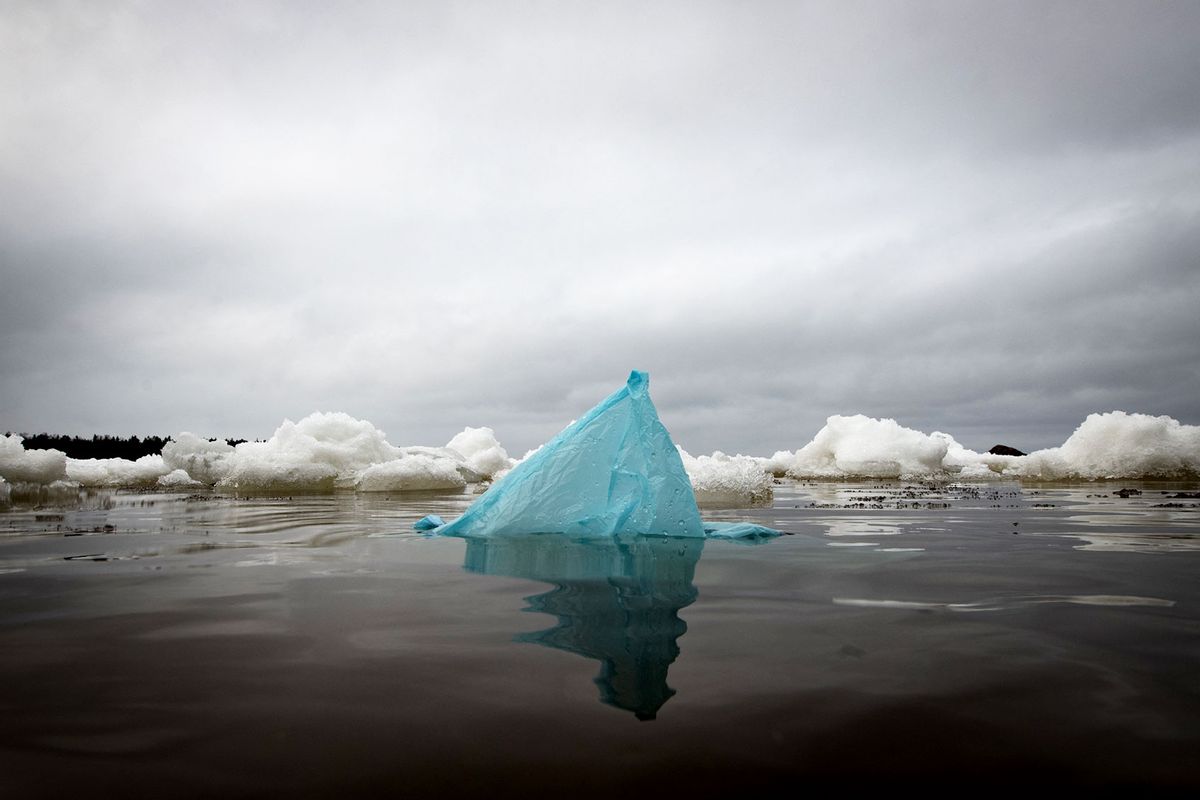Plastic bag drifting in the botnia Gulf on May 3, 2023 near Pietarsaari, during the late spring as the sea-ice is slowly melting. (OLIVIER MORIN/AFP via Getty Images)