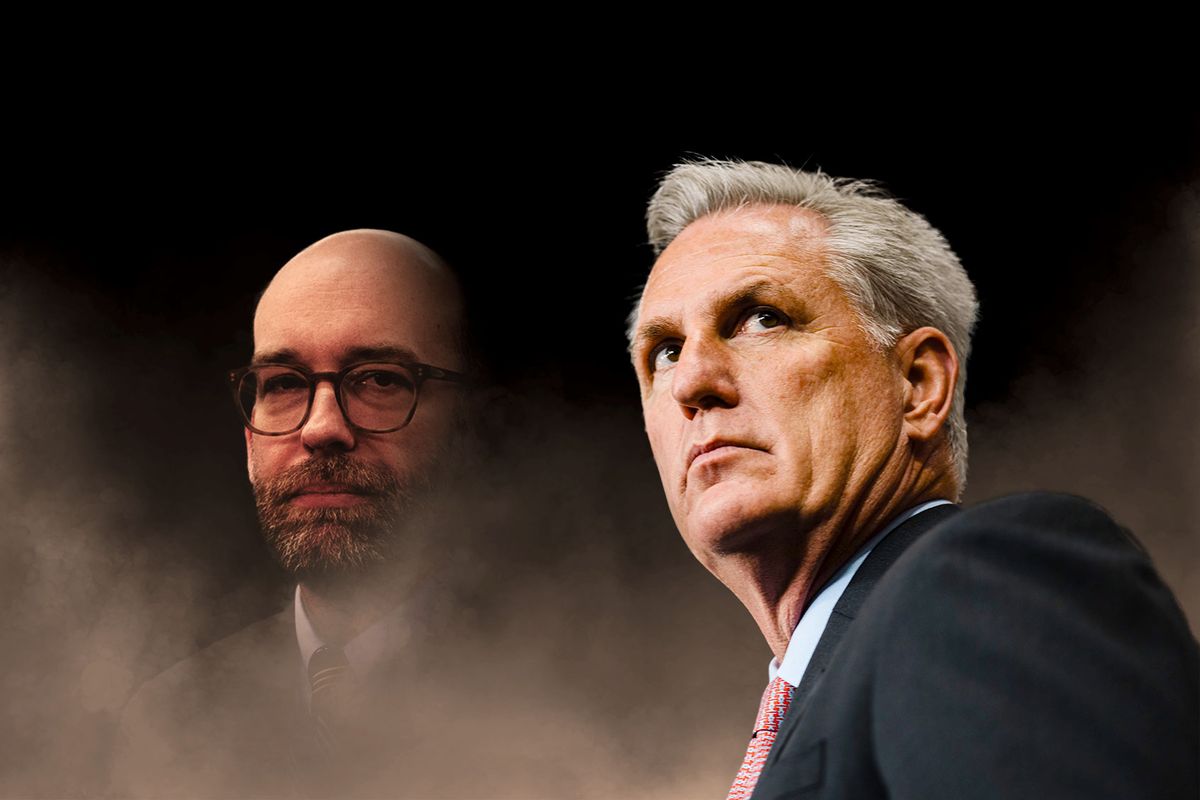 Kevin McCarthy with Russ Vought looming in the darkness (Photo illustration by Salon/Getty Images)