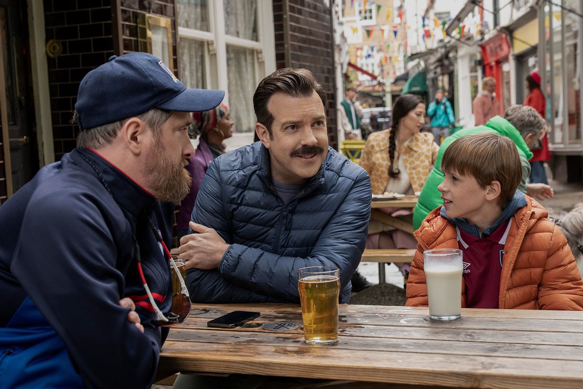 Brendan Hunt, Jason Sudeikis and Gus Turner in "Ted Lasso" (Apple TV+)