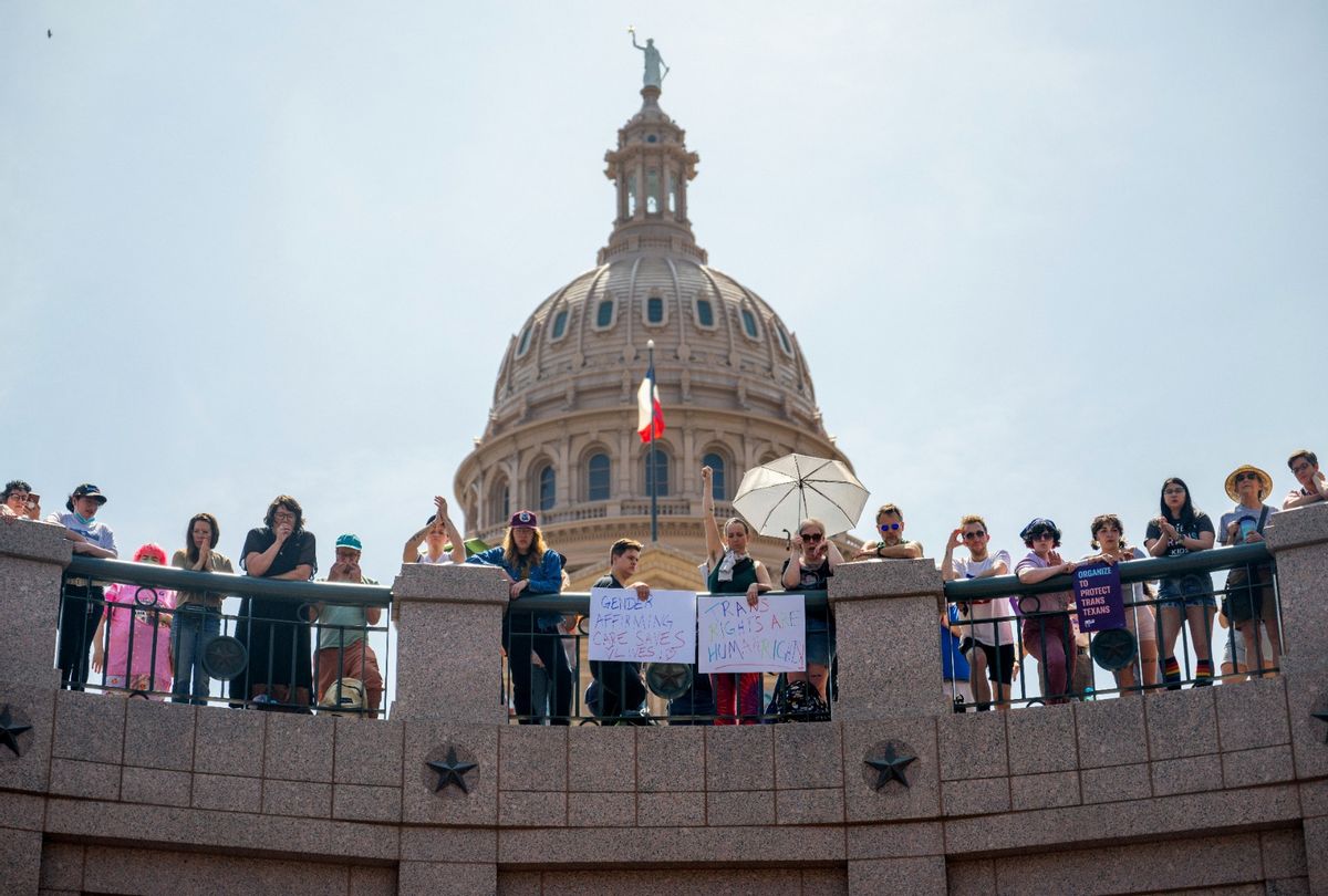 People protest bills HB 1686 and SB 14 during a 'Fight For Our Lives' rally at the Texas State Capitol on March 27, 2023 in Austin, Texas. Community members and activists gathered at the Capitol to protest the bills, which seek to limit healthcare to transgender youth. (Brandon Bell/Getty Images)