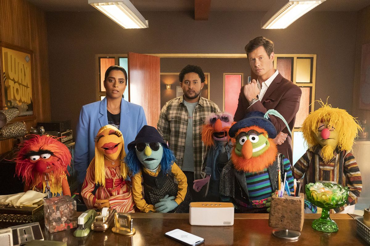 Lilly Singh, Tahj Mowry and Anders Holm in "The Muppets Mayhem" (Disney/Mitch Haaseth)