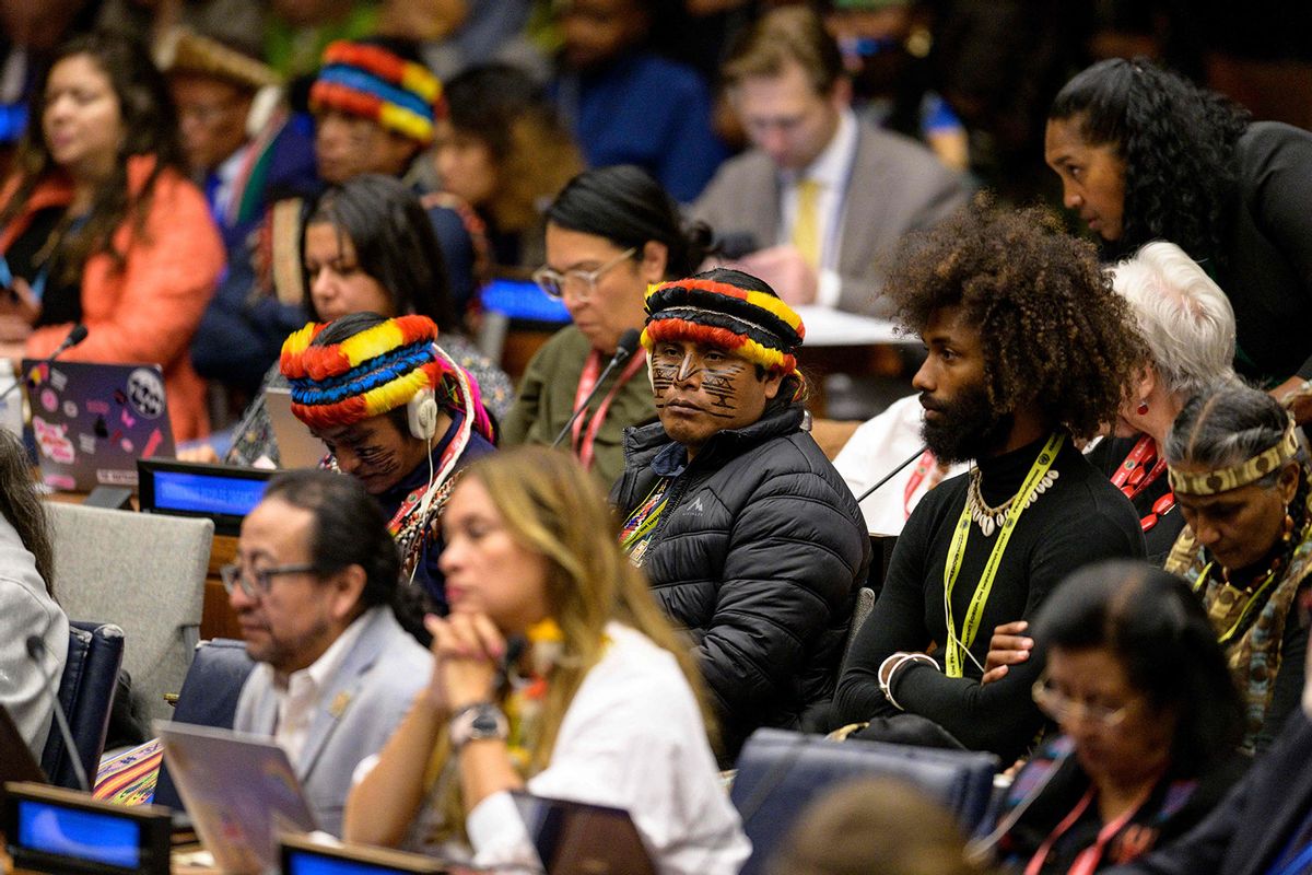 Attendees listen during the 22nd session of the Permanent Forum on Indigenous Issues, focusing on "Indigenous Peoples, human health, planetary and territorial health and climate change: a rights-based approach" at the United Nations headquarters in New York City on April 20, 2023. (ANGELA WEISS/AFP via Getty Images)