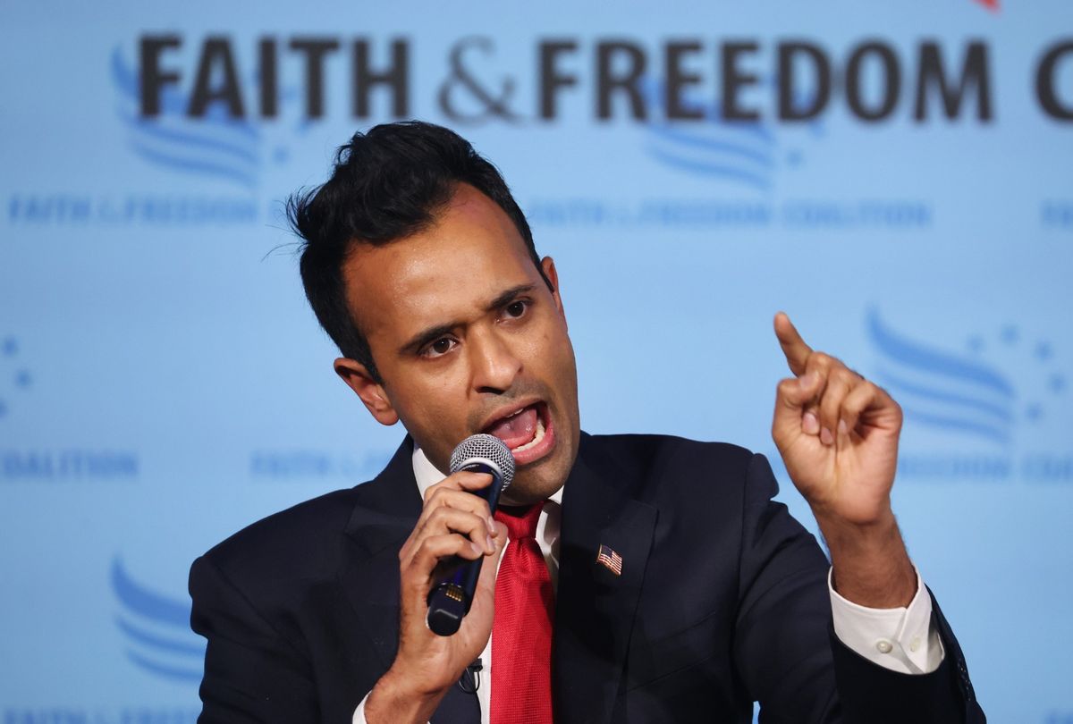 Republican presidential candidate businessman Vivek Ramaswamy speaks to guests at the Iowa Faith & Freedom Coalition Spring Kick-Off on April 22, 2023 in Clive, Iowa. (Scott Olson/Getty Images)