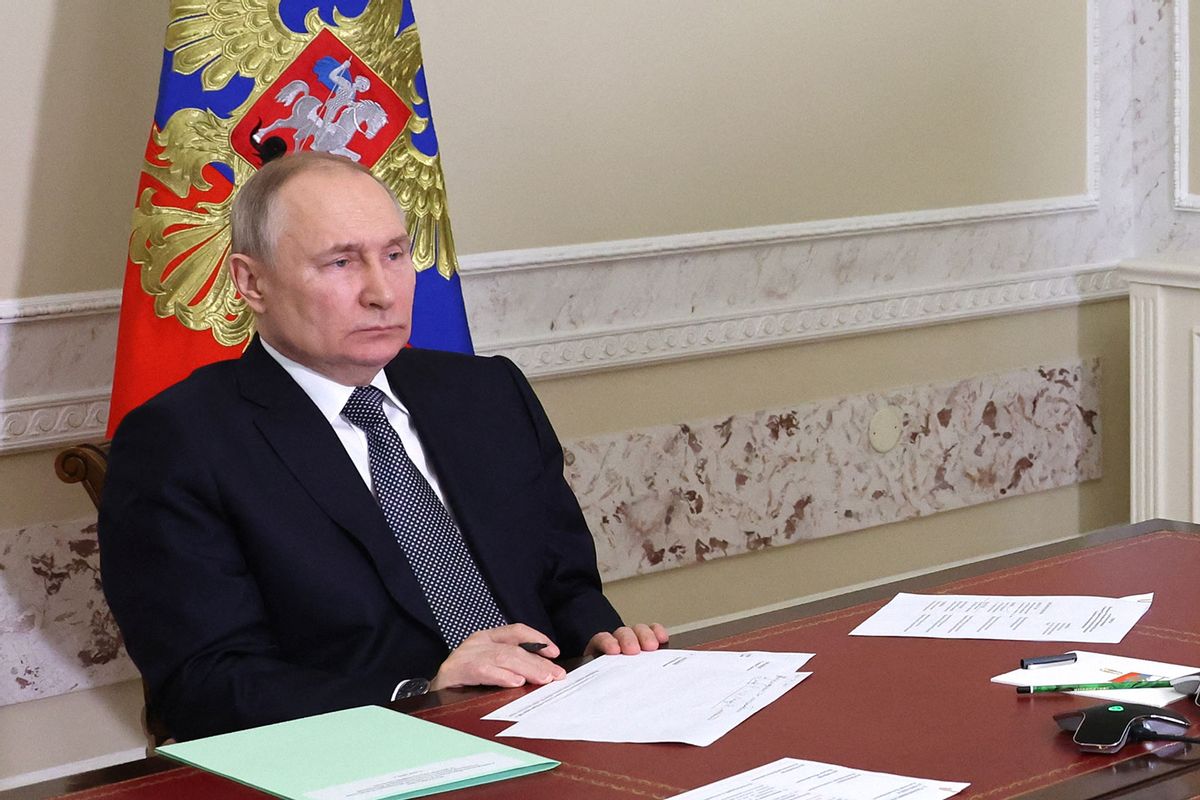 Russian President Vladimir Putin chairs a government meeting on tourism development in Russia via a video link from Saint Petersburg on May 2, 2023. (MIKHAIL KLIMENTYEV/SPUTNIK/AFP via Getty Images)